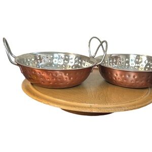 Set of‎ 2 Hammered Copper & Stainless Steel Serving Bowls ~7” Double Handles